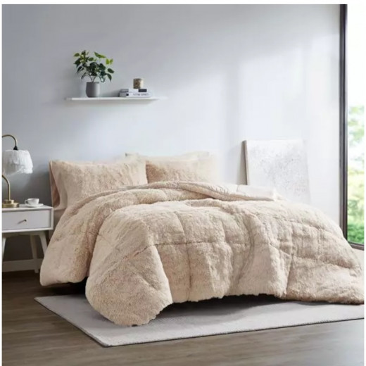 Nova home malea winter long shaggy fur comforter set - beige 4pcs