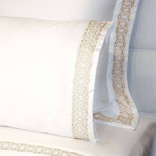 Nova Home "Oriental" Embroidery Duvet Cover Set, Cotton, White & Gold Color, King Size, 7 Pieces