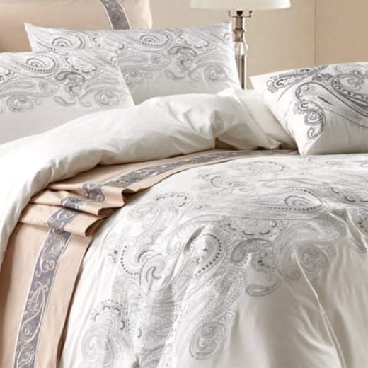Nova Home Premium Collection, Cotton, Duvet Cover Embroidery Bed Set, 7 Pieces, King Size, Ivory Color