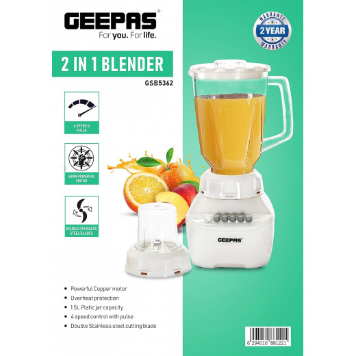 Geepas 2 in 1 Multifunctional Blender, 250 W, 1.5 L, White