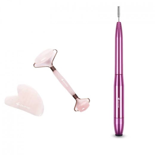Silkypel Rose Quartz Anti Aging Roller & Gua Sha stone kit + Electric Nail File for Manicure and Pedicure With 11 Nail Drill Bits