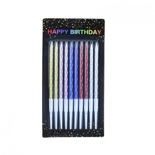 Happy Birthday Thin Candles with Stand, Multicolor, 10 Candles