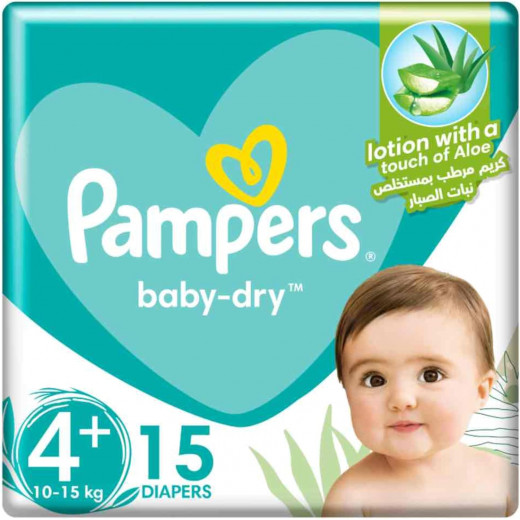 Pampers Baby-Dry Diapers, Size 4+, Maxi+, 10-15kg, 15 Count