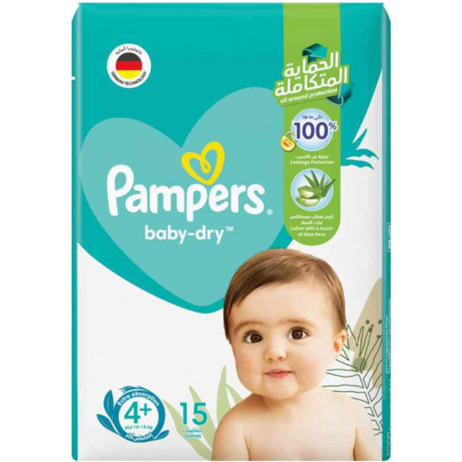 Pampers Baby-Dry Diapers, Size 4+, Maxi+, 10-15kg, 15 Count