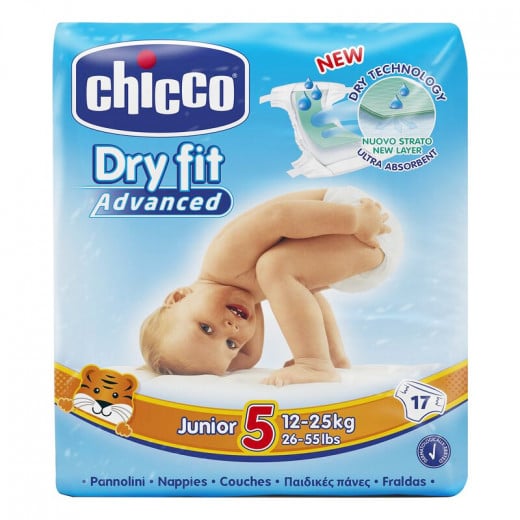 Chicco Dry Fit Plus Junior Diaper, Size 5, 12-25 Kg, 17 Diapers , 2 Packs