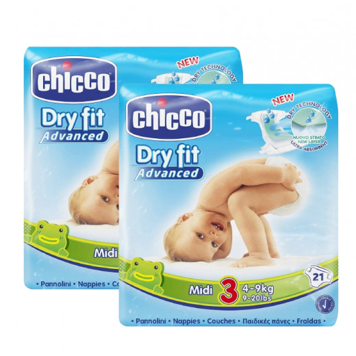 Chicco Dry Fit Plus Midi Diaper, Size 3, 4-9 Kg, 21 Diapers , 2 Packs