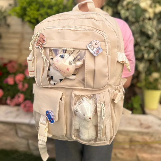 Students Kid Children School Backbag With Pins And Bear Badge, Beige Color