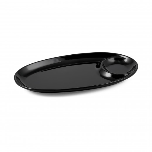 Vague Melamine Oval Platter with Sauce Hole Black  28 Cm