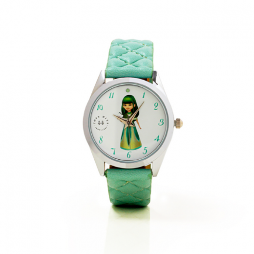ساعة اطفال زمرد لون أخضر فاتح بحجر أخضر صغير يمثل الزمرد